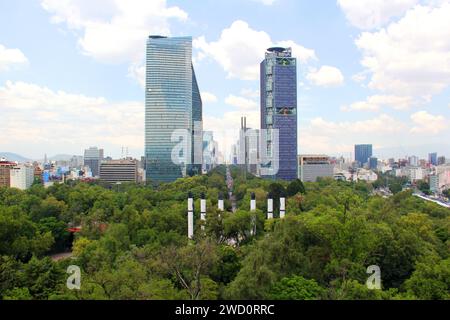 Mexico City, Mexico - Aug 9 2023: View of the skyscrapers on Reforma Avenue from the terrace of Chapultepec Castle Stock Photo