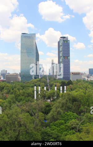 Mexico City, Mexico - Aug 9 2023: View of the skyscrapers on Reforma Avenue from the terrace of Chapultepec Castle Stock Photo