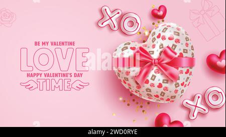 Valentine's heart vector background design. Happy valentine's day text with heart shape pillow gift and xo love sign for hearts day greeting card back Stock Vector