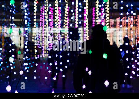 London, UK. 17th Jan, 2024. People are seen interacting with the light installation, Submergence, by Squidsoup (UK) at Canary Wharf in London. 'Winter Lights' has returned to Canary Wharf for the 8th editions with 13 temporary installations and 6 permanent collections. The outdoor light exhibition will start from today till 27th January 2024. Credit: SOPA Images Limited/Alamy Live News Stock Photo