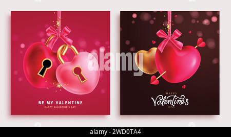 Valentine's day greeting card vector poster set. Happy valentine's day gift tags collection with heart padlock love symbol elements. Vector Stock Vector