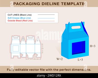 Gable Box With window, Box With Handle, Dieline Template, Editable Vector File. Stock Vector