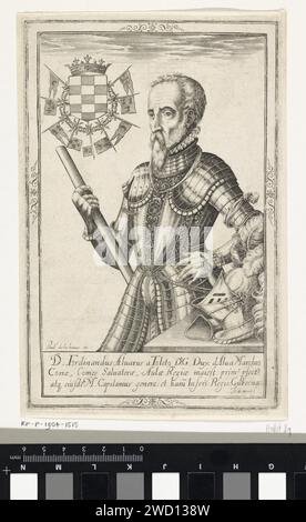 Portret Van Don Fernando Álvarez de Toledo, Jacob de Weert, 1588 - 1614 print Portrait of Don Fernando Álvarez de Toledo, the third duke of Alva, in armor. There is a helmet with feathers next to him. On the left you can see a crowned coat of arms with different flags. Under the show is a three -line, Latin text with an explanation of the portrait. Paris (possibly) paper engraving historical persons. coat of arms (as symbol of the state, etc.). helmet Stock Photo