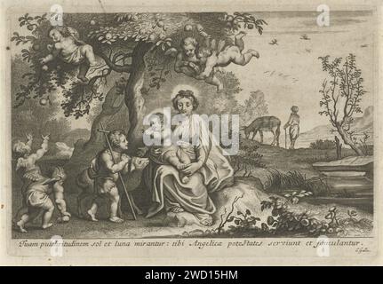 Maria with Child and Johannes de Boper, Cornelis Galle (II), 1638 - 1678 print Maria sits with the Christ child under a tree near a stream. John the Baptist as a child, with his lamb and cross, stands next to them and worship the child. Four angels pick apples from the tree. Under the show a Latin verse. Antwerp paper engraving Mary and the Christ-child with John the Baptist (as child) (+ angel(s)) Stock Photo