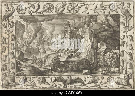 Lot and his daughters, Adriaen Collaert, After Hans Bol, 1582 - 1586 print Rock landscape with the burning cities of Sodom and Gomorra in the background. In the foreground the flight of Lot and his family. His wife has turned into a salt pillar. Right in the foreground Lot with his daughters, who drank him drunk. The print has an ornament list with flowers and animals. He is part of a four -legged -part series of landscapes with Biblical, mythological scenes and hunting scenes. Antwerp paper engraving Sodom and Gomorrah burning. Lot's wife looks back at the city and is transformed into a pilla Stock Photo