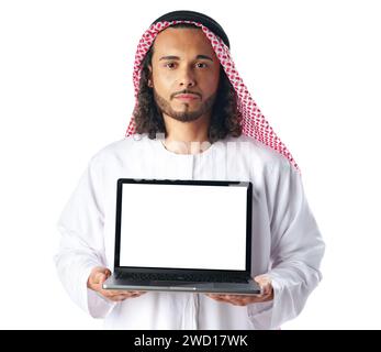 Arab man showing laptop wearing traditional clothes isolated on white Stock Photo