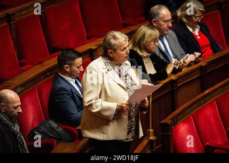 Paris, France. 17th Jan, 2024. Agnes Carel, deputy of Horizons et apparentes parliamentary group speaks during the questions to the government session at the National Assembly. A weekly session of questions to the French government in the National Assembly at Palais Bourbon in Paris. Credit: SOPA Images Limited/Alamy Live News Stock Photo