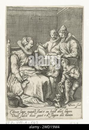 The morning (tomorrow), Gillis van Breen, after Hendrick Goltzius, after Jan Saenredam, c. 1585 - c. 1610 print In a room, a mother sits on a chair, a sewing basket next to her on the floor, scissors in the right hand. With the left hand she gives one of the two children who stand on her lap, a sandwich. The girl keeps her hands folded in prayer. The second child already has a sandwich in hand. The schoollei hangs on its arm for both. A dog is in a questioning position on the ground. Behind them the father is standing with the oldest son at a table, on which various books and an ink jar are. H Stock Photo