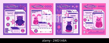 Purple and pink y2k retro style poster design template with old computer dialogue windows and simple animal pictures. Vintage retrofuturistic banner layout with 2000s aesthetic web interface elements. Stock Vector