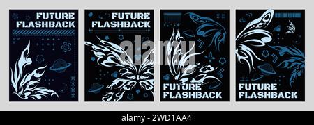 Y2k retro poster design template with grey tribal abstract graphic butterfly shape elements on black background, text box and decorative forms. Vector set of techno banner layout in 2000s aesthetic. Stock Vector