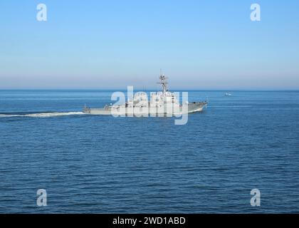 The guided-missile destroyer USS Mitscher transits the Atlantic Ocean. Stock Photo