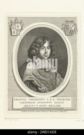 Portret van Emmanuel Théodore de la Tour d'Auvergne Kardinaal van Bouillon, Barend de Bailliu, 1668 - 1704 print Bust in oval frame with two coats of arms. He thus acquired the office of Cardinal on August 5, 1669. Rome paper engraving cardinal Stock Photo