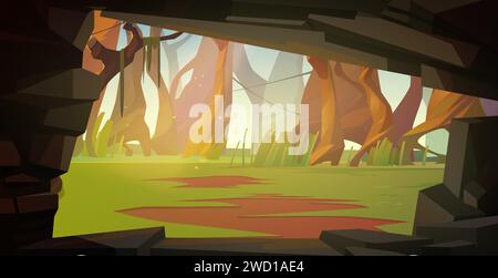 View from inside cave on forest with tree trunks and green grass on meadow. Cartoon vector summer landscape with entrance hole to cavern. Exit from rock grotto tunnel outside in jungle woodland Stock Vector