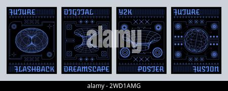 Poster and banner design template set in retro y2k aesthetic style with wireframe tunnel and sphere geometric shape on black background. Vector cyberpunk and techno cover with grid ornament figure. Stock Vector