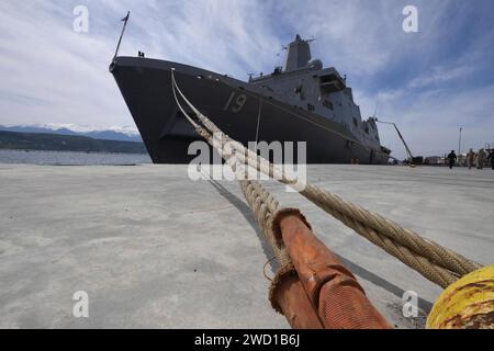 The amphibious transport dock ship USS Mesa Verde is pier side in Souda Bay, Greece. Stock Photo