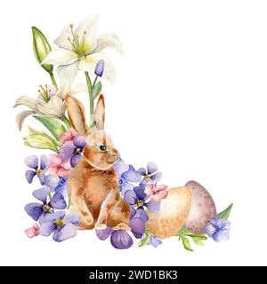 Easter rabbit, eggs and blue flowers periwinkle. Easter illustration isolated on white background. Watercolor hare and colorful flowers hand drawn. Pa Stock Photo