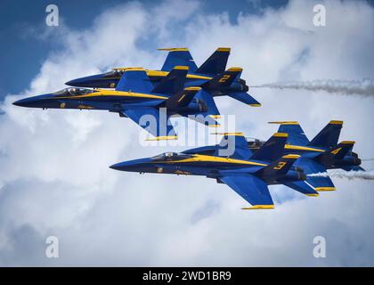 The U.S. Navy flight demonstration team, the Blue Angels, fly in formation. Stock Photo