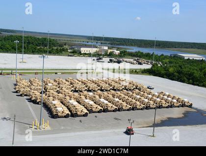 Mine-resistant ambush protected vehicles parked in a lot. Stock Photo