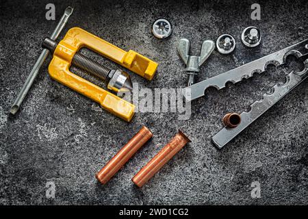 Flared Copper Pipes And Flaring Tools Stock Photo