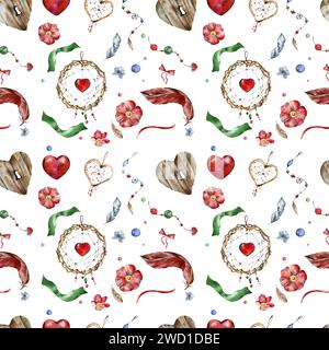 watercolor seamless pattern of bright blue, green, brown and red feathers, heart-shaped dream catchers, a wooden heart with a keyhole, ribbons, beads, Stock Photo