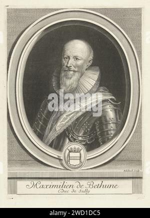 Portret van Maximilien de Béthune, Gerard Edelinck, 1652 - 1707 print Portrait of the French minister Maximilien de Béthune, Duke of Sully (1560-1641) in Harnas and Molenkraag, depicted in ovale frame with weapon. France (possibly) paper engraving Stock Photo