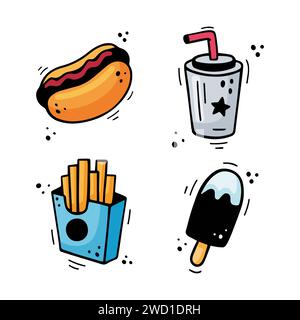Fast food icons set - Hot Dog, French fries, paper cup with drink, ice cream. Hand drawn fast food combo. Comic doodle sketch style. Colorful snacks drawn with felt tip pen. Vector illustration Stock Vector