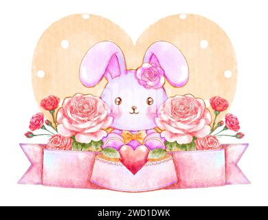 Rabbit doll with rose and heart . Watercolor painting design . Valentine day concept . White isolate background . Illustration . Stock Photo