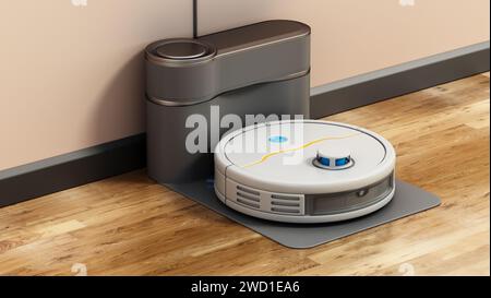 Robot vacuum cleaner isolated on white background. 3D illustration. Stock Photo