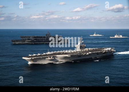 USS Ronald Reagan, USS Theodore Roosevelt and USS Nimitz transit the