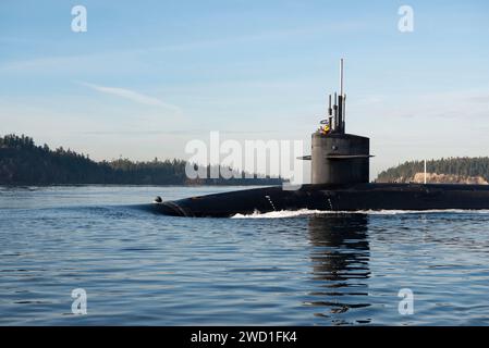 The Ohio-class ballistic missile submarine USS Nevada transits the Hood Canal. Stock Photo