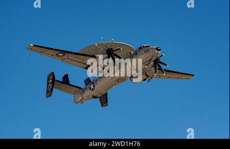 A U.S. Navy E-2D Advanced Hawkeye aircraft taking off. Stock Photo