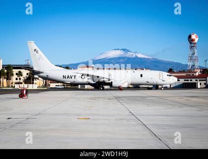 A P-8A Poseidon aircraft sits on the flight line at Naval Air Station Sigonella, Italy. Stock Photo