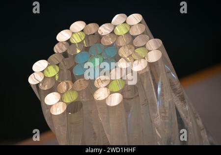 A display model of rods in rings has polished silver, green and blue ends at Allegheny Portage Railroad National Historic Site, Pennsylvania. Stock Photo