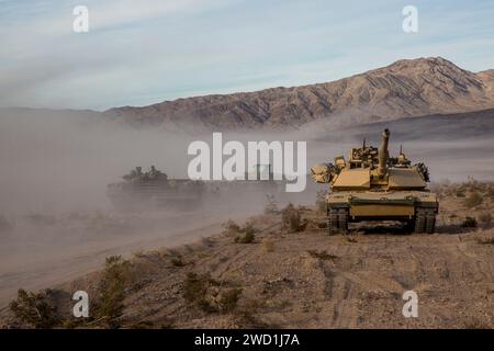 U.S Marines utilize an M1A1 Abrams tank during exercise Steel Knight. Stock Photo