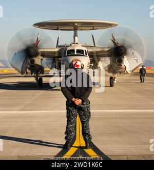 Five E-2D Advanced Hawkeyes land onboard Marine Corps Air Station Iwakuni, Japan. Stock Photo