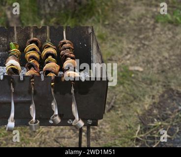shish kebab of mushrooms and vegetables is cooked on the grill Stock Photo