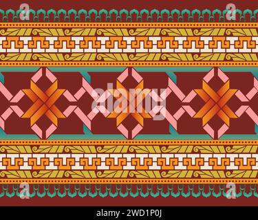 Textile surface pattern design with intricated interlacing patterns and Greek meander motifs on a brown background. Stock Vector