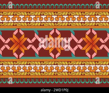 Textile surface pattern design with intricated interlacing patterns and Greek meander motifs on a brown background. Stock Vector
