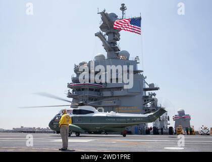 Marine One departs the aircraft carrier USS Gerald R. Ford. Stock Photo