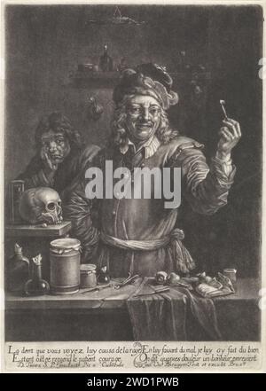 Dentist, Jan van der Bruggen, After David Teniers (II), 1659 - 1681 print A dentist, with a tooth in a tongs in the hand, stands for his work table in his practice. Behind the dentist is a young man who holds his hand on his cheek; Possibly his tooth has just been pulled. Brussels paper engraving (barber as) dentist. back teeth, molars. hourglass Stock Photo