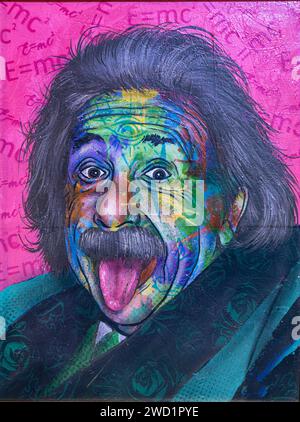 Albert Einstein Colorful Persona A Canvas Modern Art Illustration with Brush and spray Strokes and Vibrant Background Stock Photo