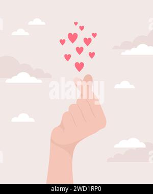 Hand showing heart or love sign with fingers. Hand sending hearts on a cloudy beige backgound. Flat vector illustration Stock Vector