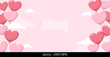 Pink heart balloons on pastel pink cloudy background with copy space. Valentine's day frame. Flat vector illustration Stock Vector