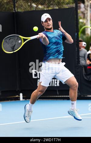 Melbourne, Australia. 18th Jan, 2024. Tennis: Grand Slam - Australian Open, men's singles, 2nd round. Kecmanovic (Serbia) - Struff (Germany). Miomir Kecmanovic is in action. Credit: Frank Molter/dpa/Alamy Live News Stock Photo