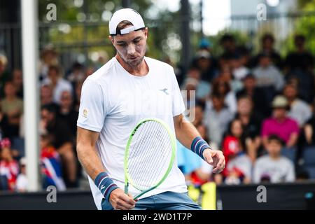 Melbourne, Australia. 18th Jan, 2024. Tennis: Grand Slam - Australian Open, men's singles, 2nd round. Kecmanovic (Serbia) - Struff (Germany). Jan-Lennard Struff reacts disappointed. Jan-Lennard Struff narrowly missed out on reaching the third round of the Australian Open for the first time (dpa 'Struff out of Australian Open after match points') Credit: Frank Molter/dpa/Alamy Live News Stock Photo