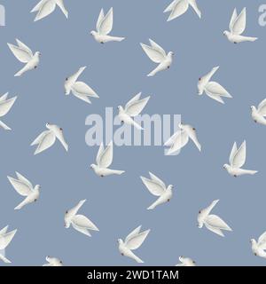 White pigeon bird in sky, flying doves of peace watercolor seamless pattern on pastel blue background Stock Photo