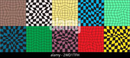 Set of distorted checkerboard background samples. Psychedelic patterns with warped color squares. Chequered visual illusion. Trippy layouts in retro Stock Vector