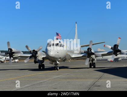 A P-3C Orion maritime patrol aircraft taxis down the airstrip at Naval Air Station Whidbey Island's Ault Field. Stock Photo