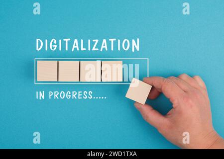 Digitalization in progress, artificial intelligence, technology in competition with human resource, manpower against cyborg machine, replacement of wo Stock Photo