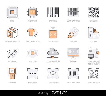 RFID, qr code, barcode line icon set. Price tag scanner, label reader, identification microchip vector illustration. Simple outline signs retail Stock Vector